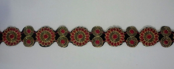Goudband 32mm (13 yard), Rood geweven bloemen